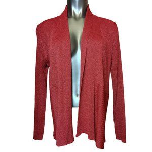 JM COLLECTIONS Petite Women L Red Long Sleeve Shimmer Knit Open Cardigan Sweater